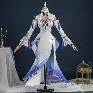 Full Nicole cosplay costume on mannequin, white and purple long dress with flared sleeves, front view.