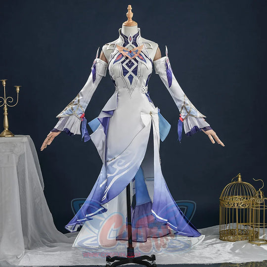 Full Nicole cosplay costume on mannequin, white and purple long dress with flared sleeves, front view.
