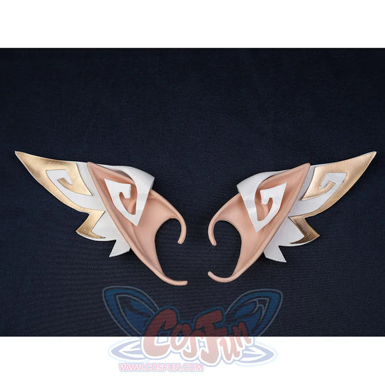 Nicole cosplay wing-shaped ear accessories, a matching pair with gold and rose gold metallic finish on dark background.