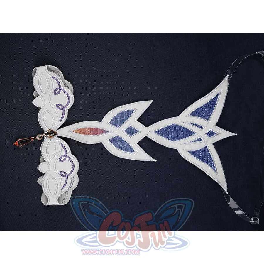 Nicole cosplay hair ornament with embroidered white cloud piece, blue geometric star wing, and dangling red crystal pendant charm.