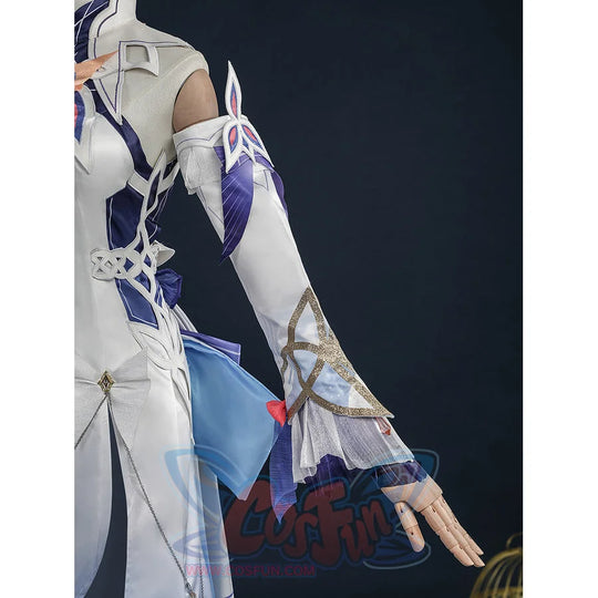 Nicole cosplay costume arm detail, white sleeve with decorative wing guard, blue fabric panel and small red bow accent.