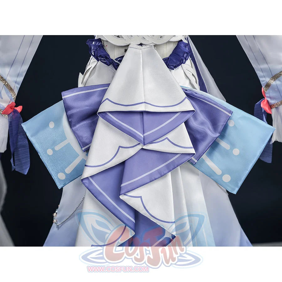 Nicole cosplay waist detail showing large white layered bow with purple satin trim and cyan geometric patterned fabric panels.