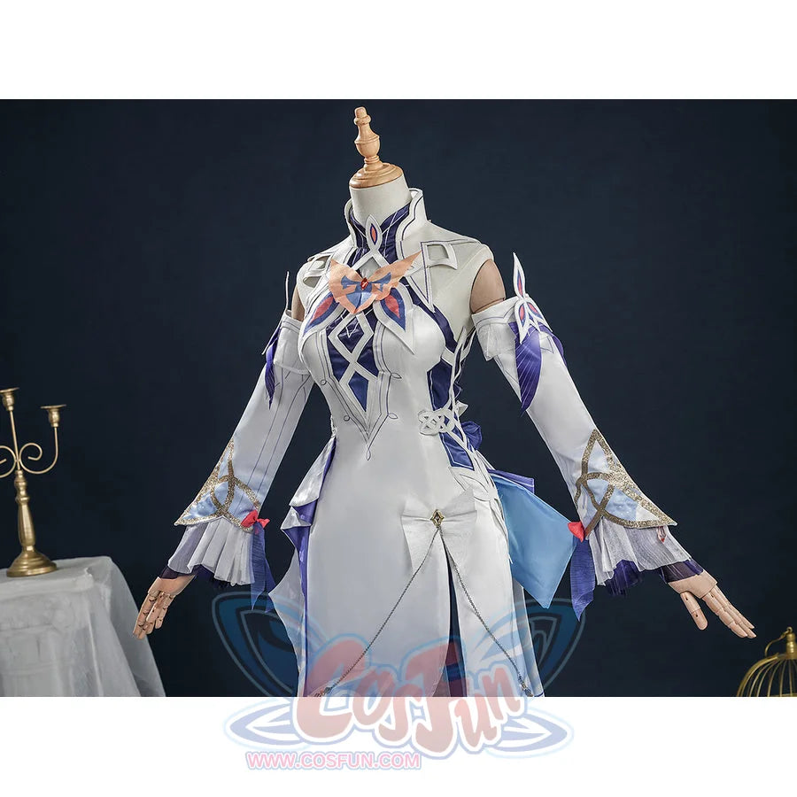 Nicole cosplay armored upper body on mannequin, white jacket with purple accents, decorative chest piece and shoulder guards.