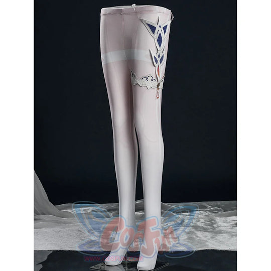 Nicole cosplay white stockings on leg mannequin with blue geometric arrow print at thigh and delicate cloud pattern below.