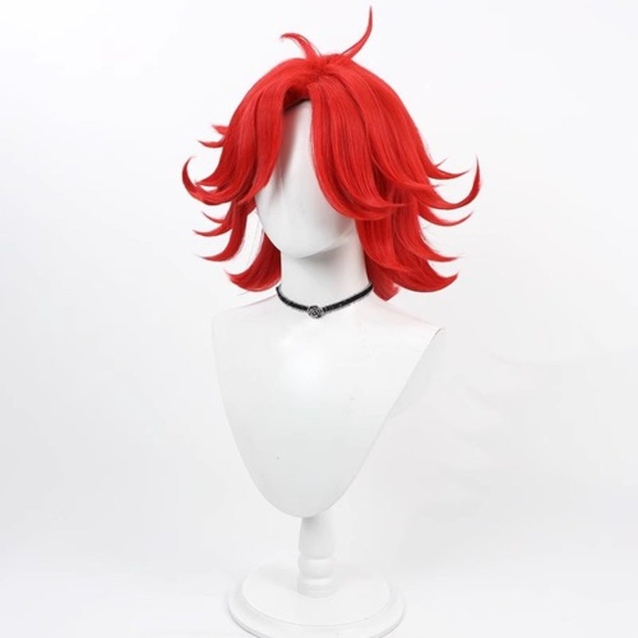 Hazbin Hotel Niffty cosplay wig, short fluffy red hair, angled side view showing full style