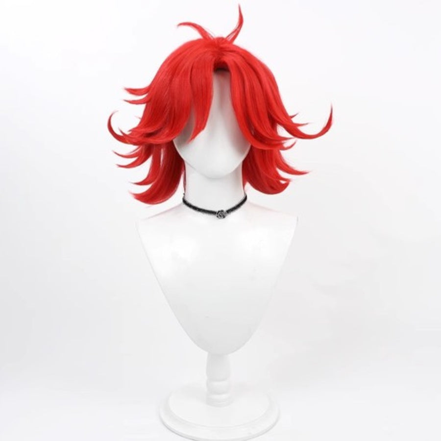 Hazbin Hotel Niffty cosplay wig, short fluffy red hair, front view on white mannequin
