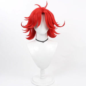 Hazbin Hotel Niffty cosplay wig, short fluffy red hair, front view on white mannequin