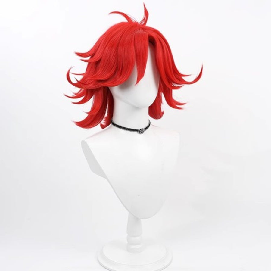 Hazbin Hotel Niffty cosplay wig, short fluffy red hair, front view on white mannequin