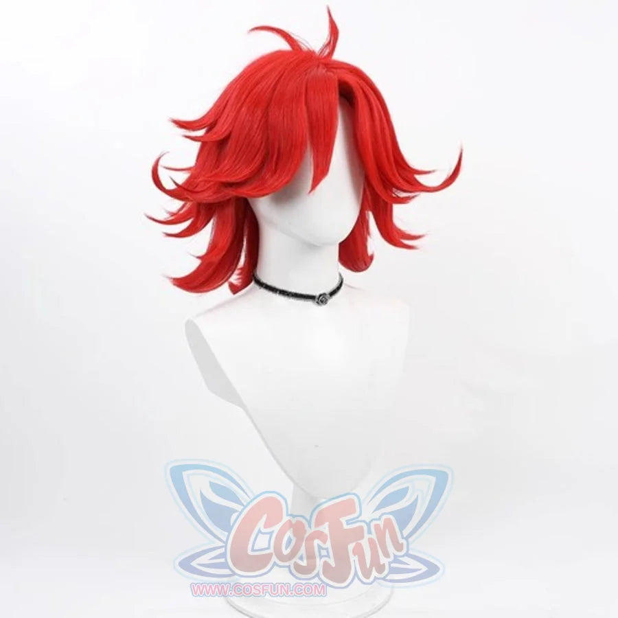 Hazbin Hotel Niffty cosplay wig, short fluffy red hair, front view on white mannequin