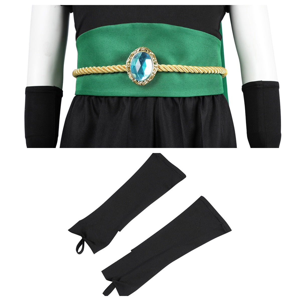 Green belt with golden rope pattern and blue gem, plus black wrist guards of the Ninja Peach costume.