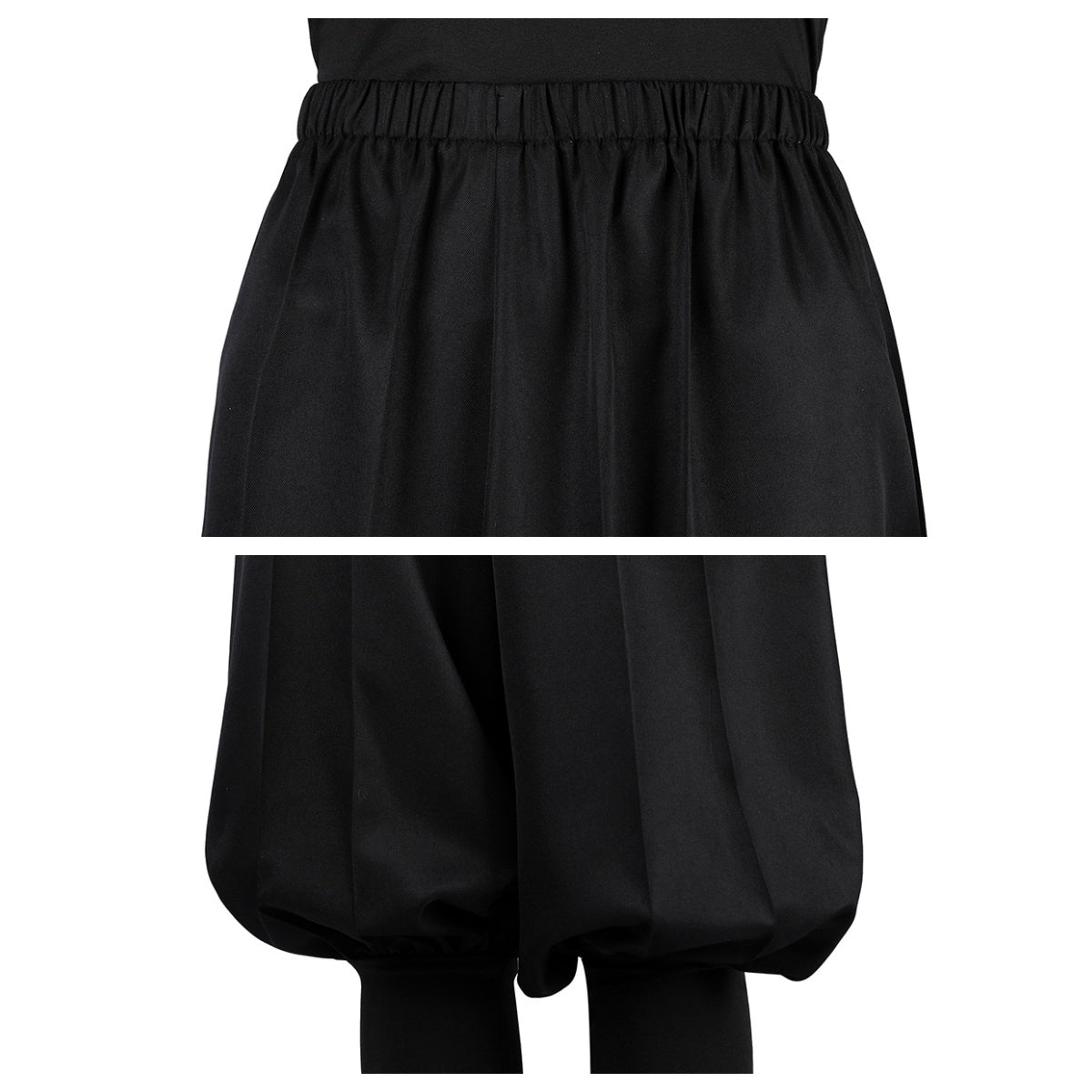 Black lantern pants of the Ninja Peach costume, showing elastic waist and style, with black leggings.