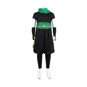 Ninja Peach costume on a mannequin, presenting black outfit, green scarf, and belt with a blue gem.