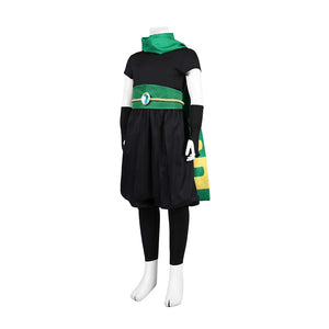 Side view of the Ninja Peach costume on a mannequin, showing black attire, green scarf, and sash.