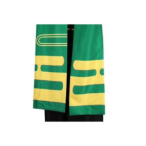 Close - up of the green scarf’s yellow patterns in the Ninja Peach costume.