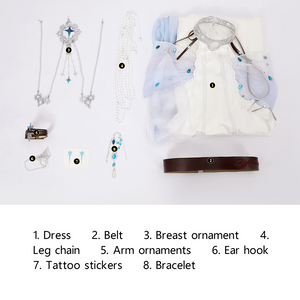 Nu: Carnival Edmond Cosplay Costume, includes dress, belt, breast ornament, leg chain, arm ornament, ear hook, tattoo stickers, bracelet.