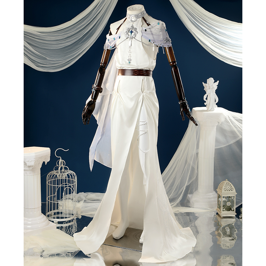 Nu: Carnival Edmond Cosplay Costume, white long gown with decorative shoulder pieces, and jewel accents.