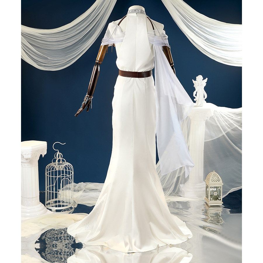 Nu: Carnival Edmond Cosplay Costume, a white long gown with decorative shoulder pieces, back view.