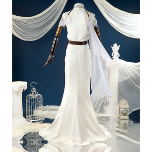 Nu: Carnival Edmond Cosplay Costume, a white long gown with decorative shoulder pieces, back view.