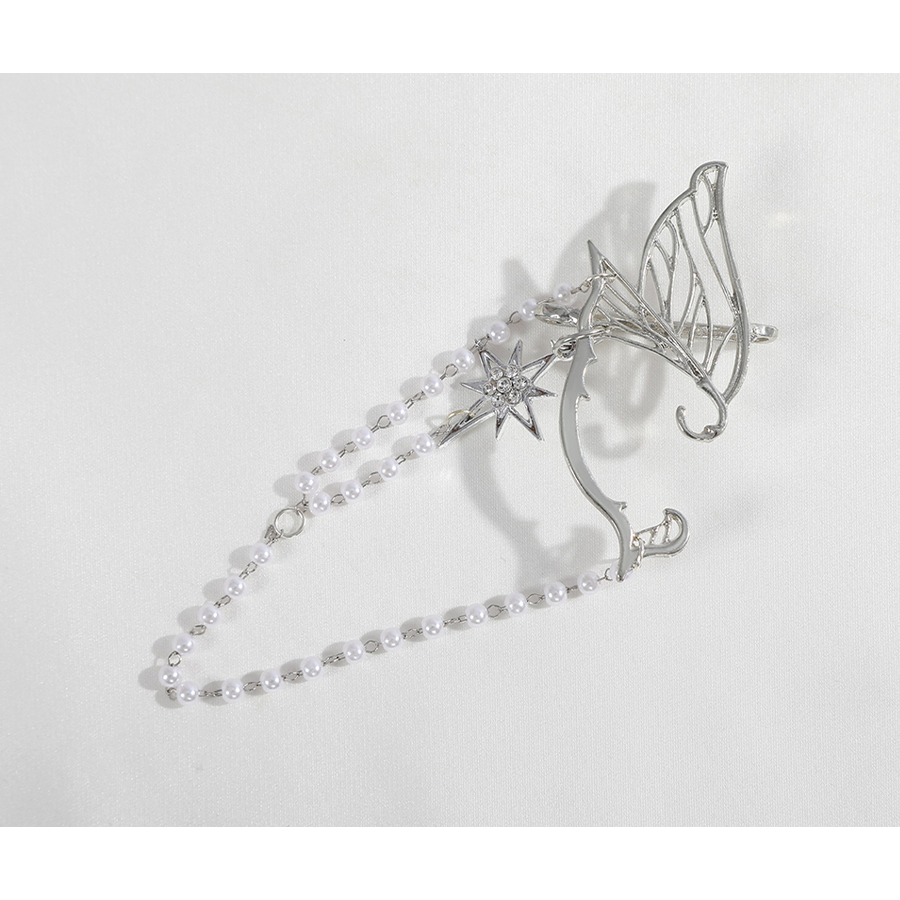 Nu: Carnival Edmond Cosplay Costume, silver butterfly-shaped ear hook with beaded chain embellishments.