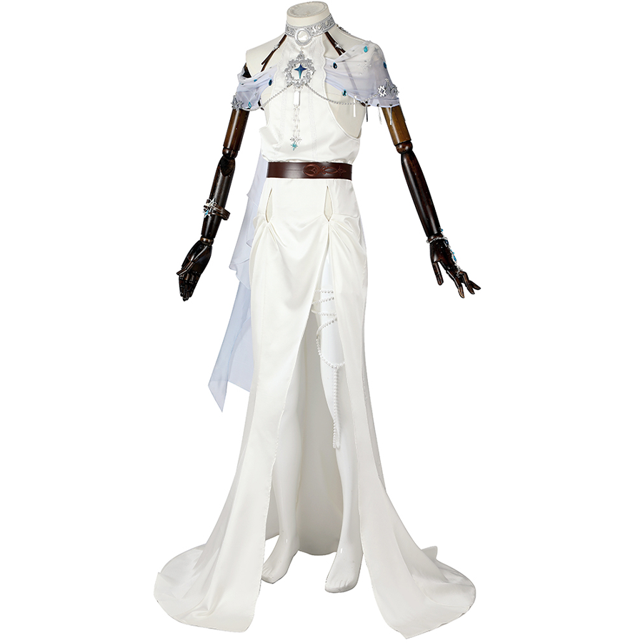 Nu: Carnival Edmond Cosplay Costume, long dress with a front slit, featuring pleated details and delicate beaded patterns, left side view.