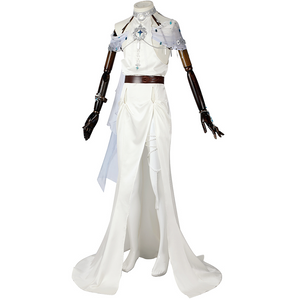 Nu: Carnival Edmond Cosplay Costume, long dress with a front slit, featuring pleated details and delicate beaded patterns, left side view.