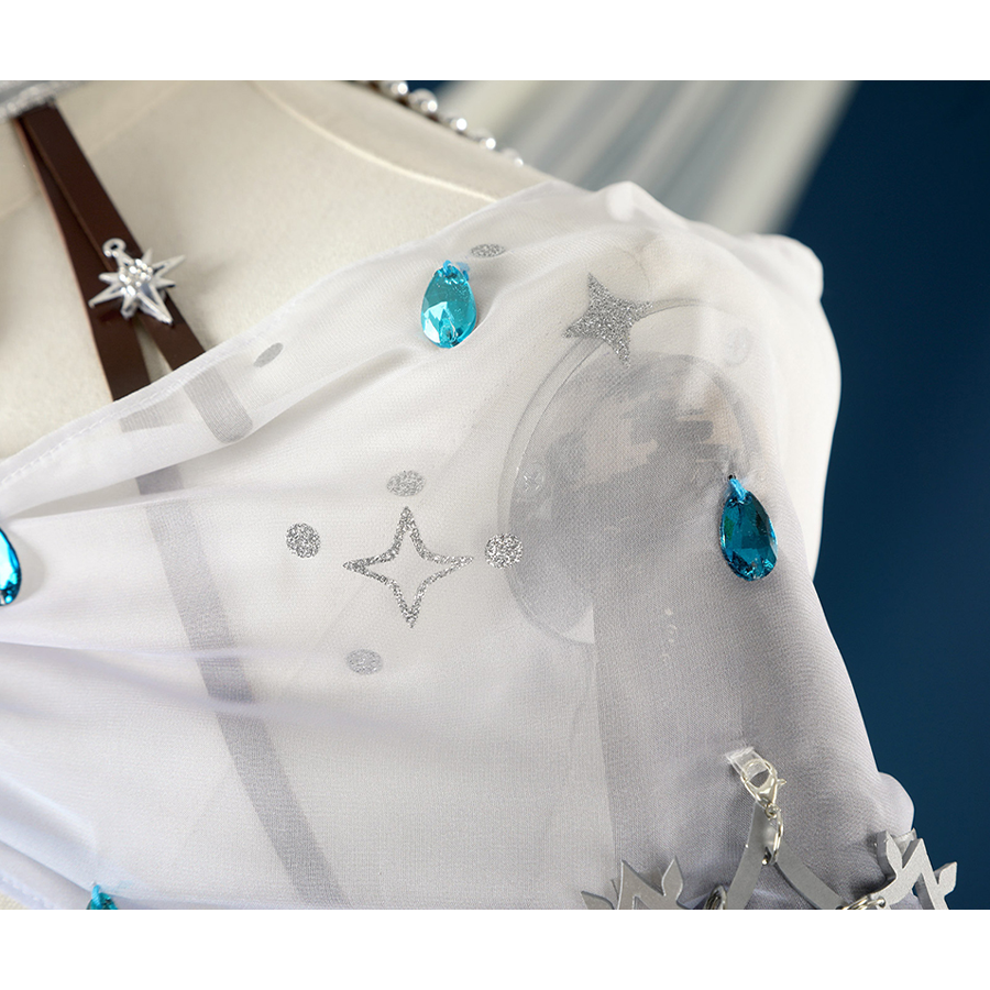 Nu: Carnival Edmond Cosplay Costume, Sheer chiffon shoulder drape adorned with blue gems and hanging ornaments.