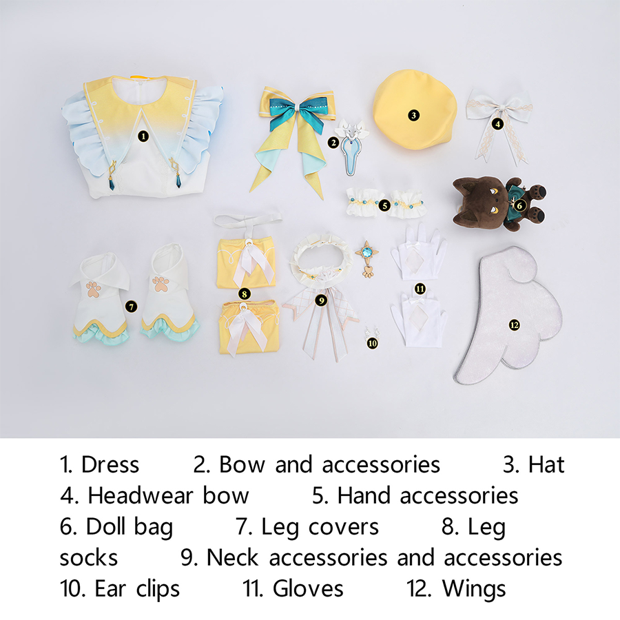 Nu: Carnival Garu Cosplay Costume, includes dress, accessories, hat, headwear, hand accessories, bag, leg covers, leg socks, neck accessories, ear clips, gloves, wings.