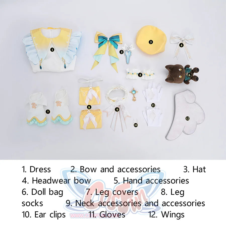 Nu: Carnival Garu Cosplay Costume, includes dress, accessories, hat, headwear, hand accessories, bag, leg covers, leg socks, neck accessories, ear clips, gloves, wings.
