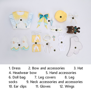 Nu: Carnival Garu Cosplay Costume, includes dress, accessories, hat, headwear, hand accessories, bag, leg covers, leg socks, neck accessories, ear clips, gloves, wings.