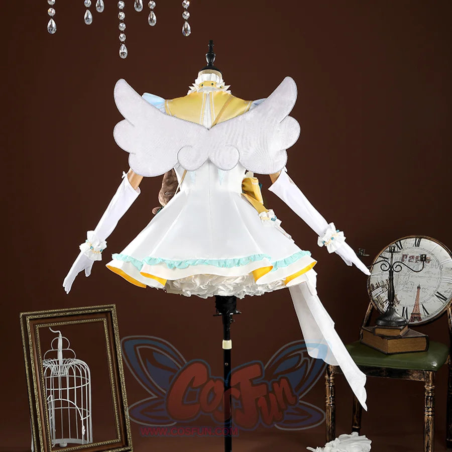 Nu: Carnival Garu Cosplay Costume, white , blue and yellow outfit with a wing on the back.