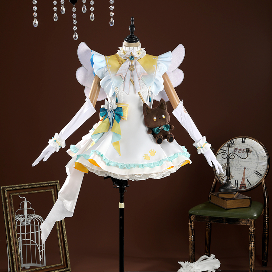 Nu: Carnival Garu Cosplay Costume, white , blue and yellow outfit with a brown doll bag, front view.