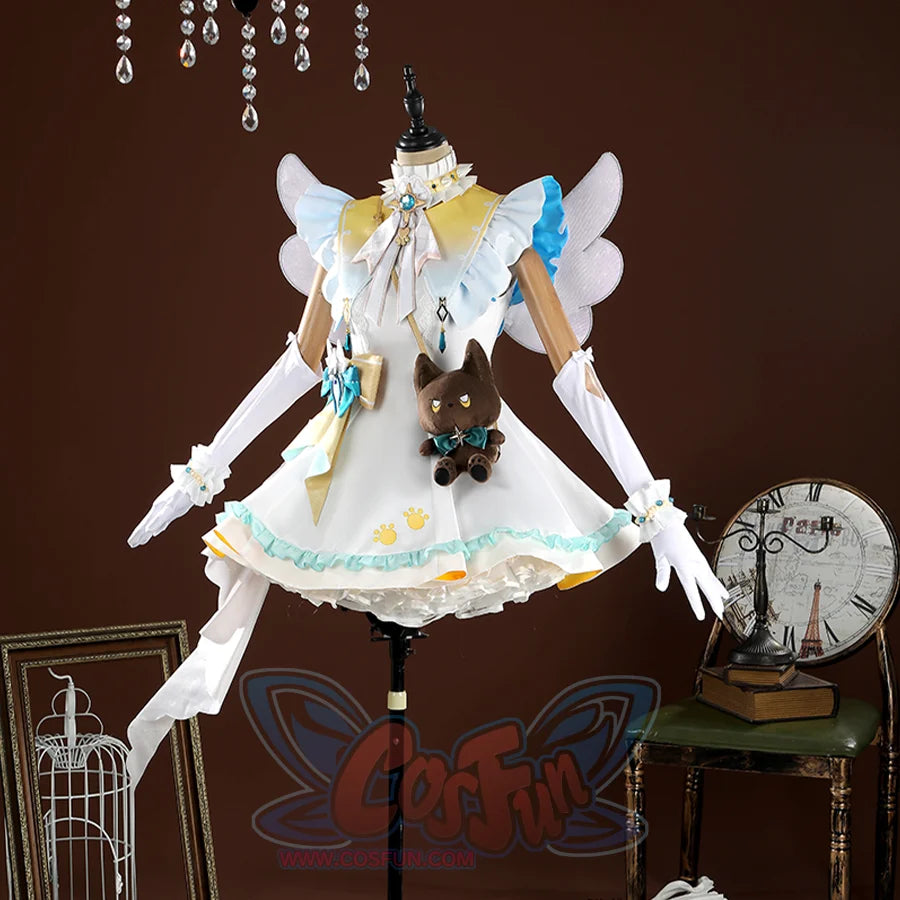 Nu: Carnival Garu Cosplay Costume, white , blue and yellow outfit with a doll bag on the left side.