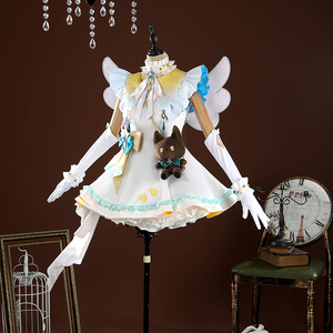Nu: Carnival Garu Cosplay Costume, white , blue and yellow outfit with a doll bag on the left side.