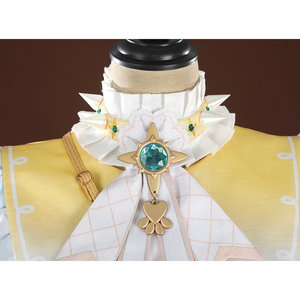Nu: Carnival Garu Cosplay Costume, the collar area is embellished with a bow, beaded chains, and gem-like ornaments.