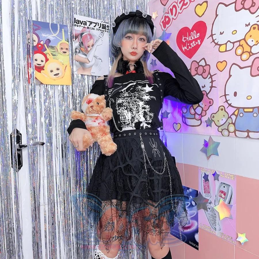Punk Spider Chain Irregular Lace Skirt - cosfun