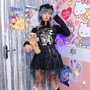 Punk Spider Chain Irregular Lace Skirt - cosfun