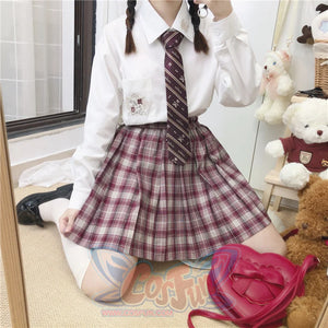 Soft Girl Versatile Wine Red Plaid Elastic Pleated Uniform Skirt - cosfun