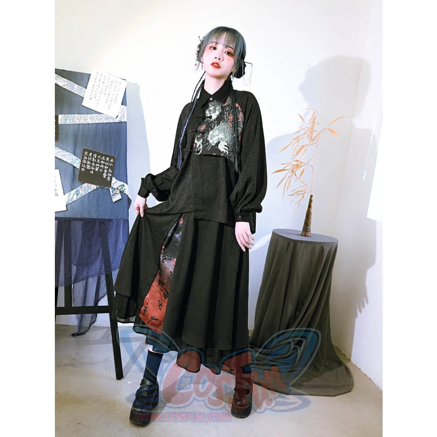 Chinese Style Spliced Printed A-line High Waist Mid Length Skirt