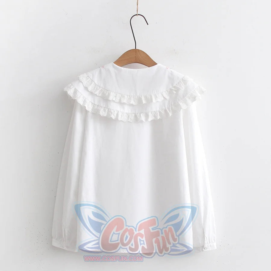 Sweet Embroidery Lace Doll Neck Long Sleeve Shirt White