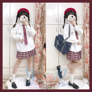 Soft Girl Versatile Wine Red Plaid Elastic Pleated Uniform Skirt - cosfun