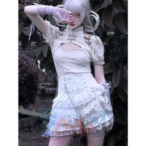 White Lace Chinese Style Bubble Sleeves Stand Collar Shirt