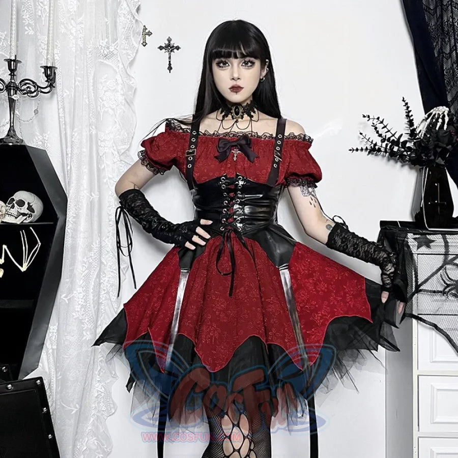 red punk dress Spiked Royale Women's Red Gothic Flare Dress, Punk Metal Studs Pink Contrast & Statement Couture