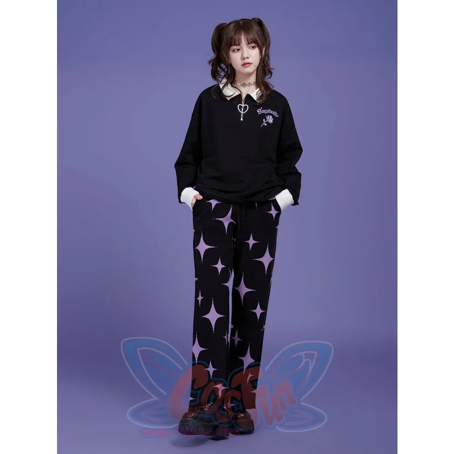 Black And Purple Star Sweet Style Knitted Pants Thick Pants S / Black Pants