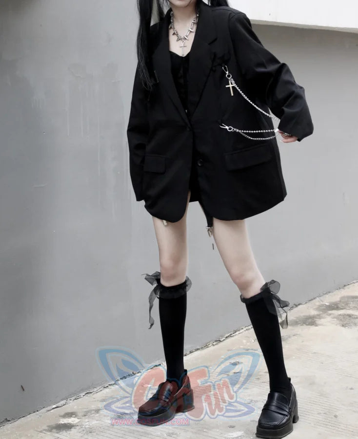 Black Suit Jacket Loose Chain Harajuku Style Casual Street Long Sleeve S20624