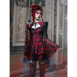 Autumn Gothic Red Black Jacquard Embroidery Lace Top