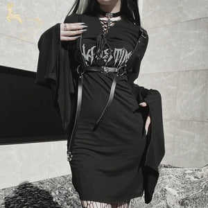 Gothic V-neck Irregular Long Dress - cosfun