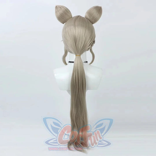 Genshin Impact Lynette cosplay wig sets two pointy buns and drops a long ponytail paired to a black choker.