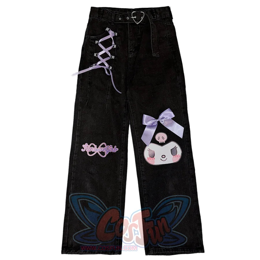 Cartoon Printed Loose Ribbon Bow Denim Trousers S22163 - cosfun