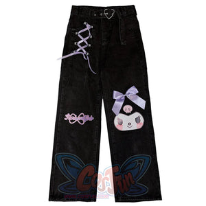 Cartoon Printed Loose Ribbon Bow Denim Trousers S22163 - cosfun