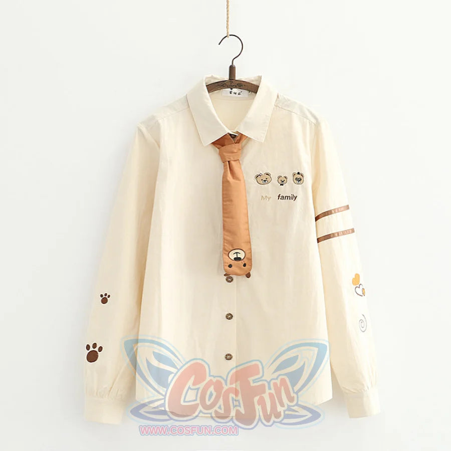 College Style Cute Cartoon Bear Tie Shirt Long Sleeve Shirt / S